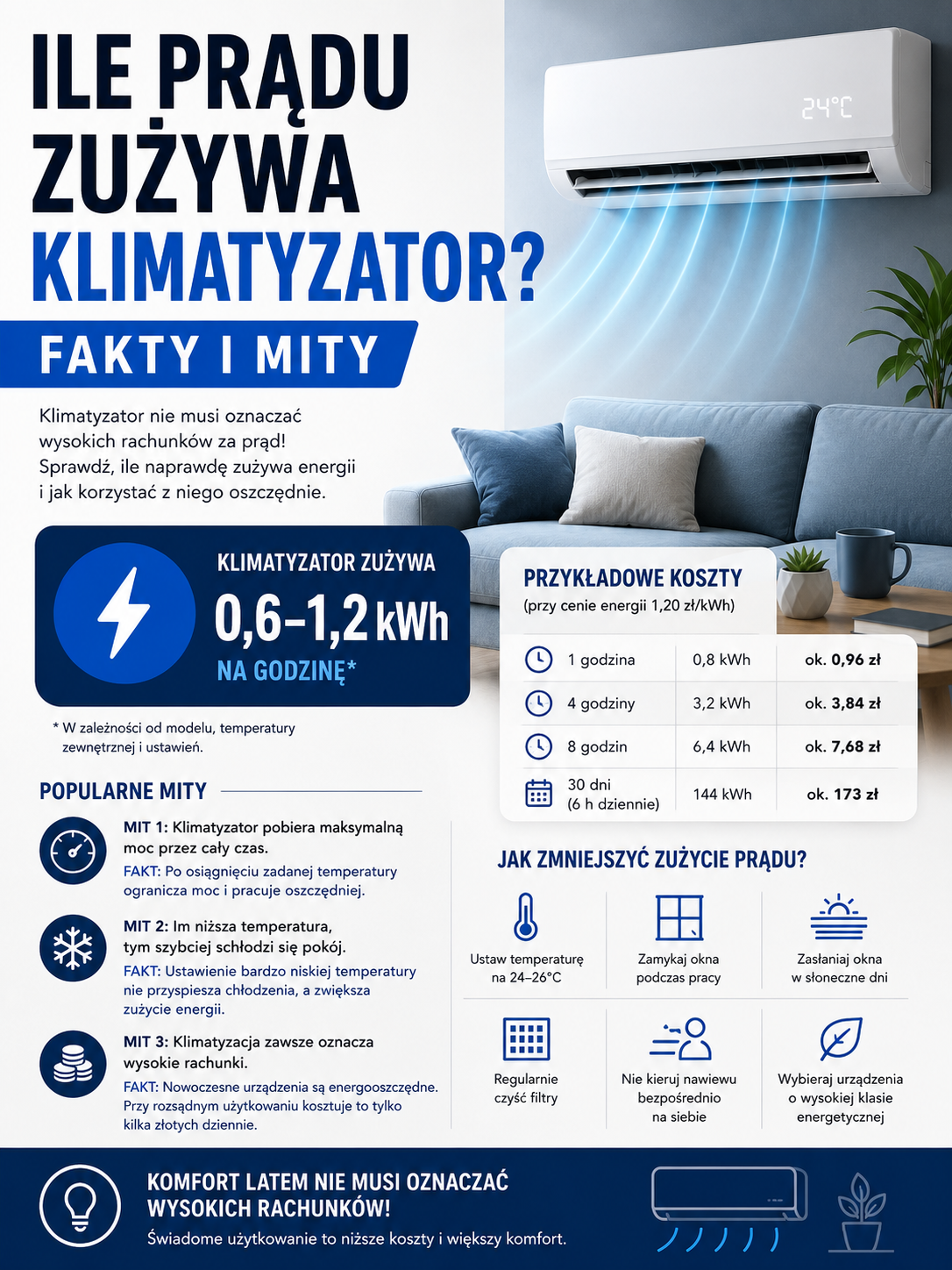 Ile prądu zużywa klimatyzator? Fakty i mity o kosztach chłodzenia domu